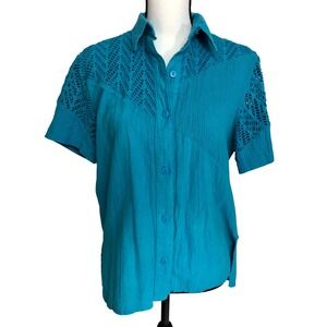 Fun 80s Vintage Peacock Blue Summer Holiday Vacation‎ Short Sleeve Button Down M